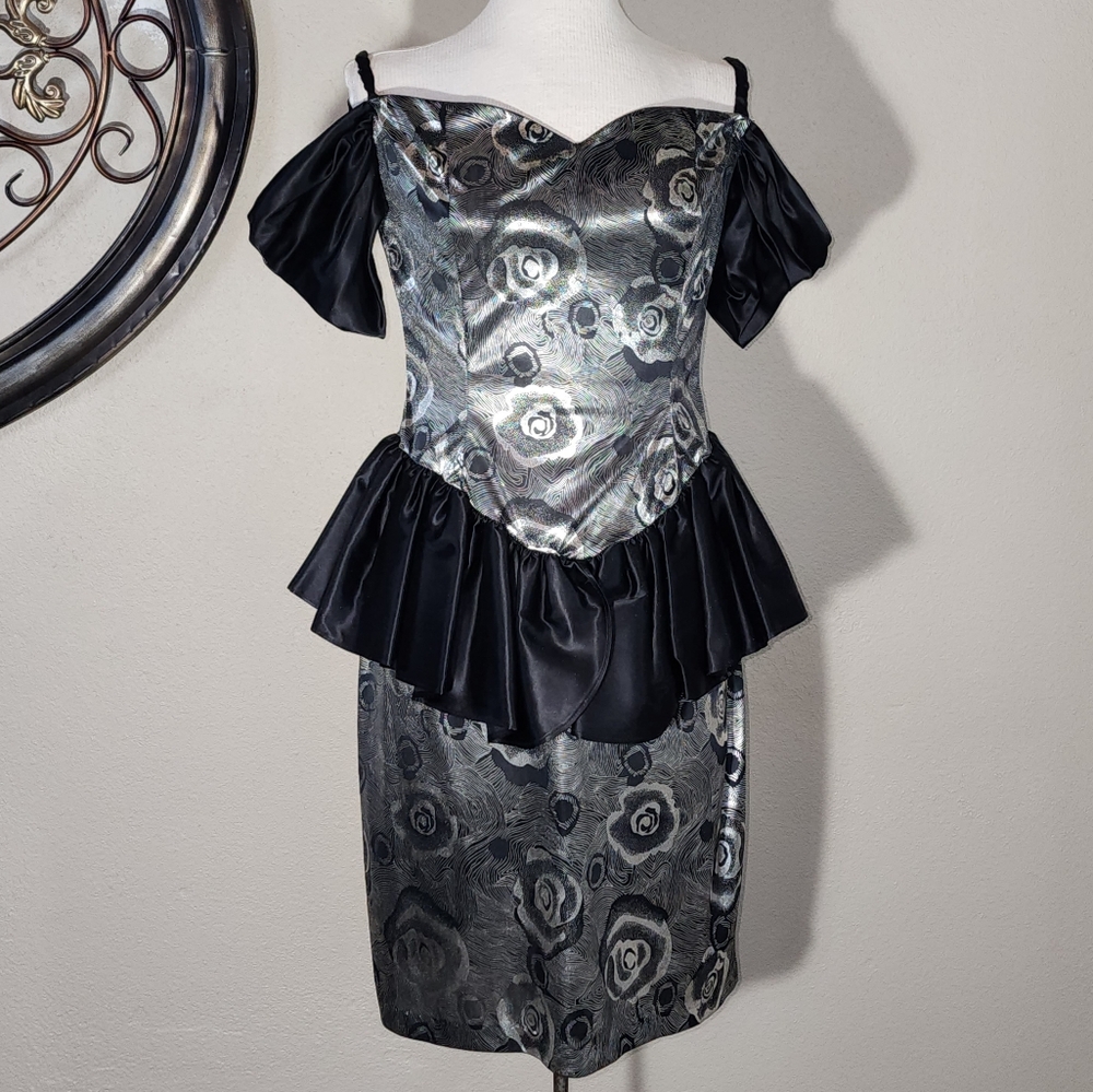 Vintage Dress 1980s Shiny Semi Sheer Floral Accent Silver Size - Picture 3 of 12